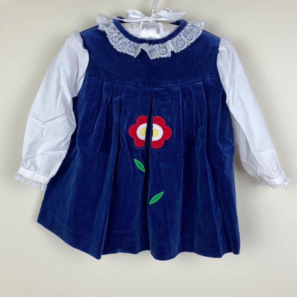 Vintage Her Majesty Blue Velvet Flower Dress 12 Months